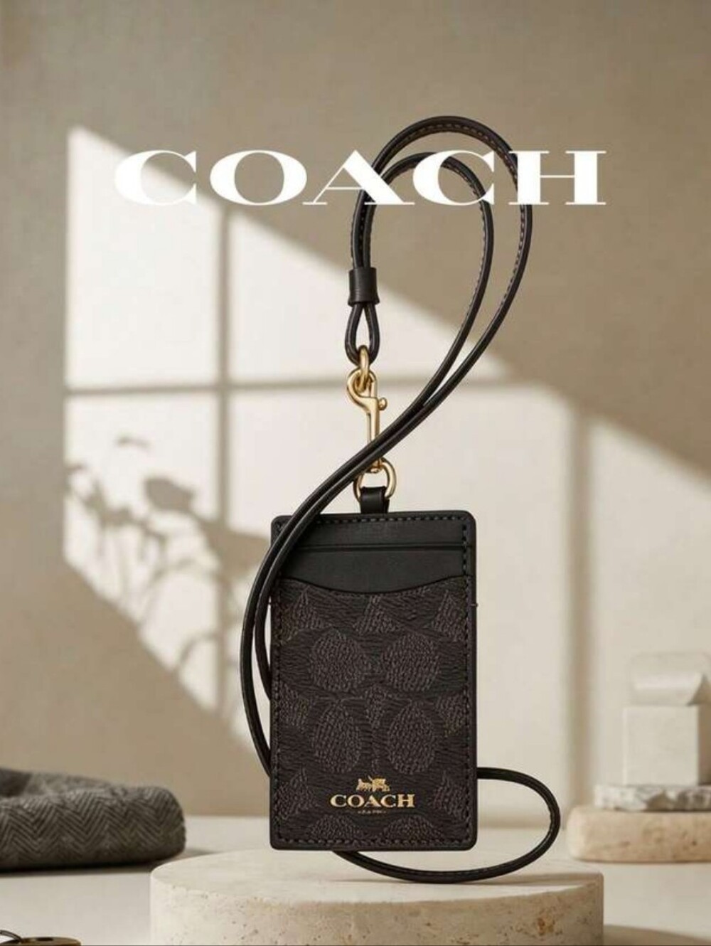 COACH Black Signature Card Holder Lanyard with Gold Hardware NWT